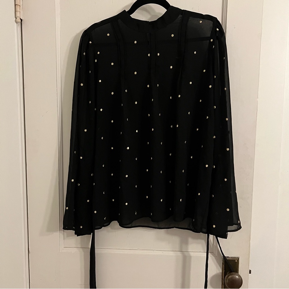 Sheer black and gold polka dotted blouse with tie sleeves and button mockneck
